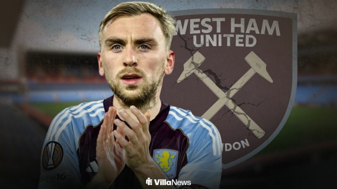 Jarrod Bowen in an Aston Villa shirt alongside a West Ham badge