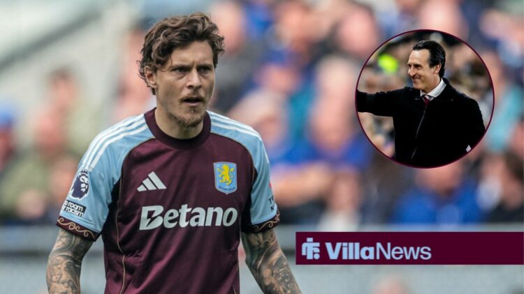 Victor Lindelof looking ahead alongside a circle inset of Unai Emery with his arm outstretched.