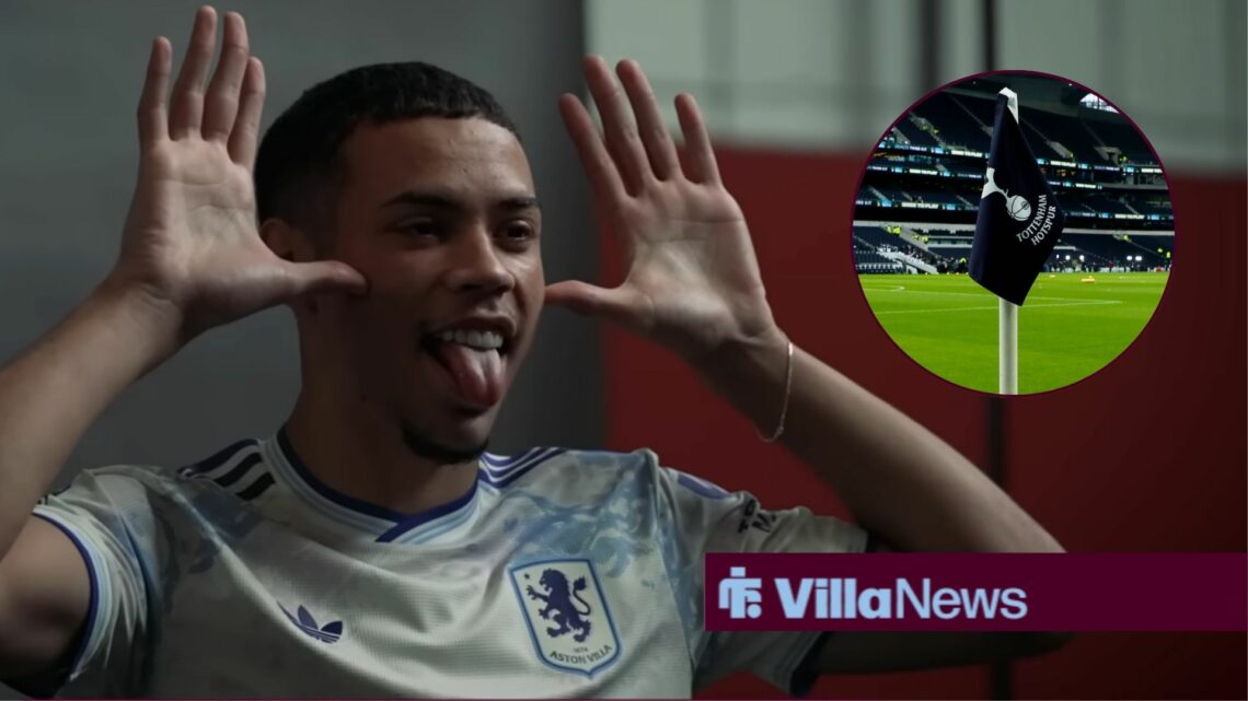 Alysson celebrating looking towards a circle inset of the Tottenham Hotspur Stadium