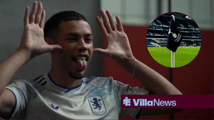 Alysson celebrating looking towards a circle inset of the Tottenham Hotspur Stadium