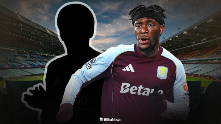 Tammy Abraham in an Aston Villa shirt alongside a figure at Villa Park