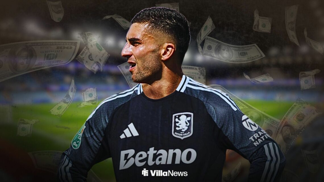 Ferran Torres in front of Villa Park in an Aston Villa shirt with dollar bills behind him.