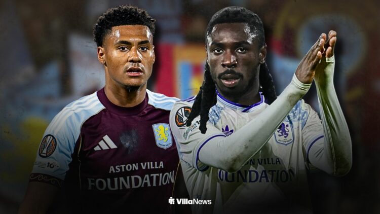 Moise Kean in an Aston Villa shirt alongside Ollie Watkins in an Aston Villa shirt
