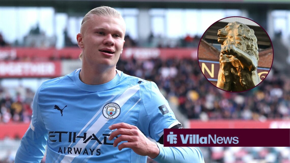 Erling Haaland playing for Manchester City looking towards a circle inset of Villa Park