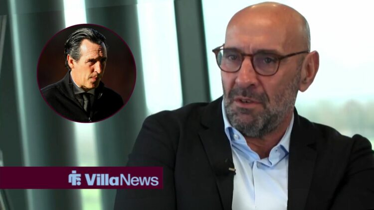 Monchi in an interview looking towards a circle inset of Unai Emery