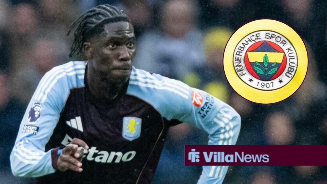 Amadou Onana playing for Aston Villa looking towards a circle inset of Fenerbahce