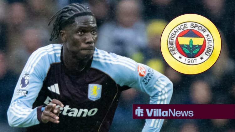 Amadou Onana playing for Aston Villa looking towards a circle inset of Fenerbahce