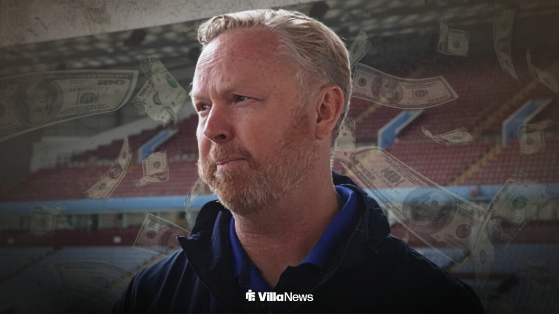 Chris Heck speaking at Villa Park surrounded by falling money notes