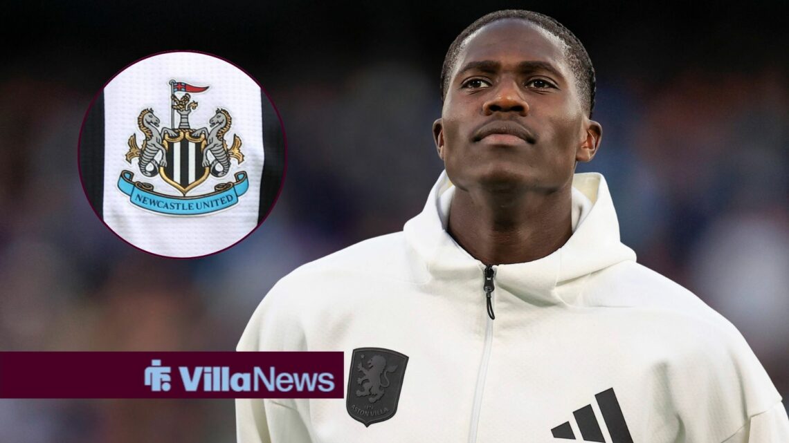 Amadou Onana in an Aston Villa jacket looking towards a circle inset of the Newcastle United logo