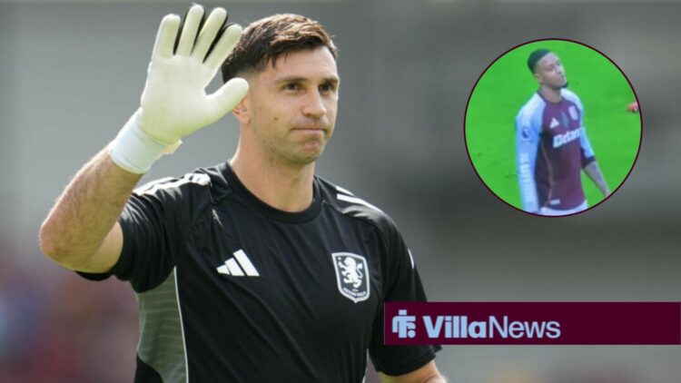 Emi Martinez waving towards a circle inset of Ezri Konsa looking annoyed playing for Aston Villa