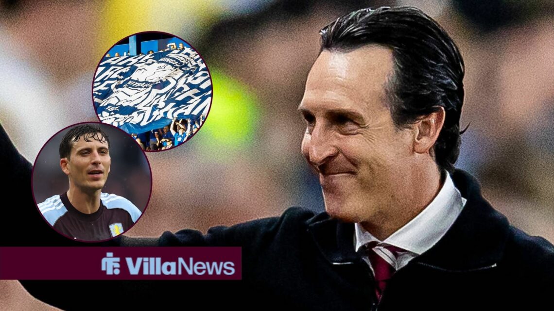 Unai Emery with Birmingham City fans and Pau Torres in circular insets.