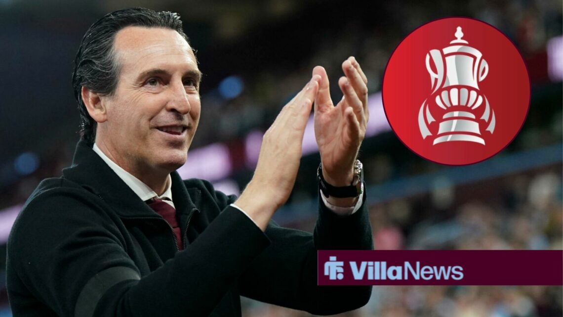 Unai Emery with FA Cup logo in circular inset.