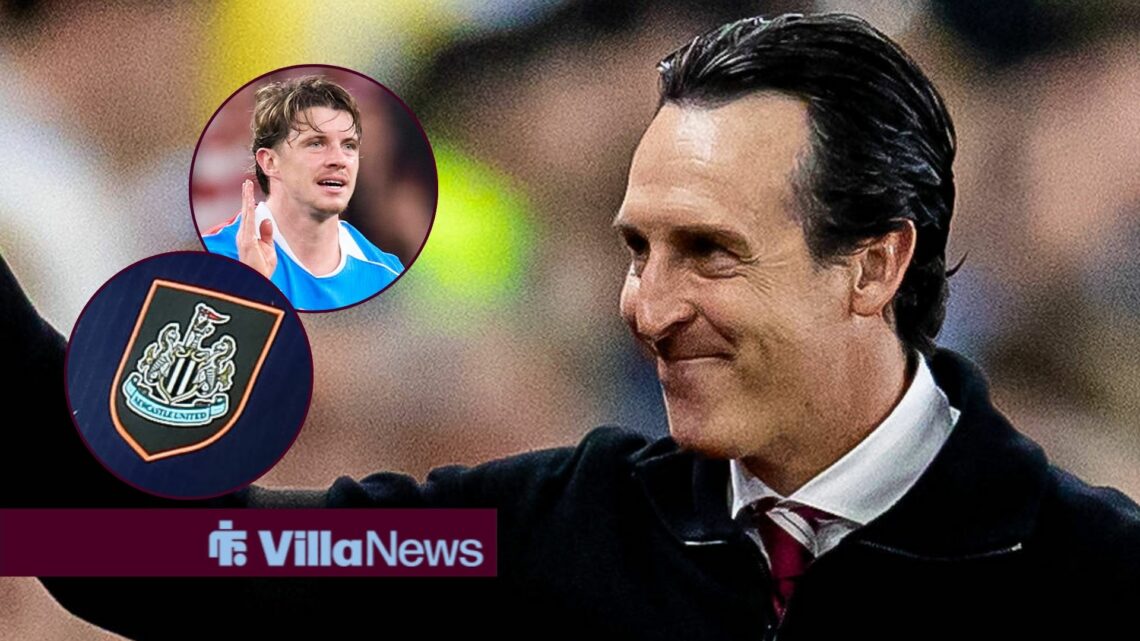 Unai Emery with Conor Gallagher and Newcastle badge in circular inset.
