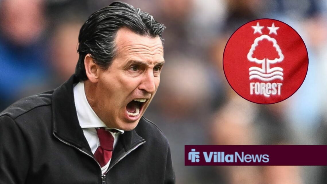Unai Emery shouting and looking angry towards a circle inset of the Nottingham Forest badge
