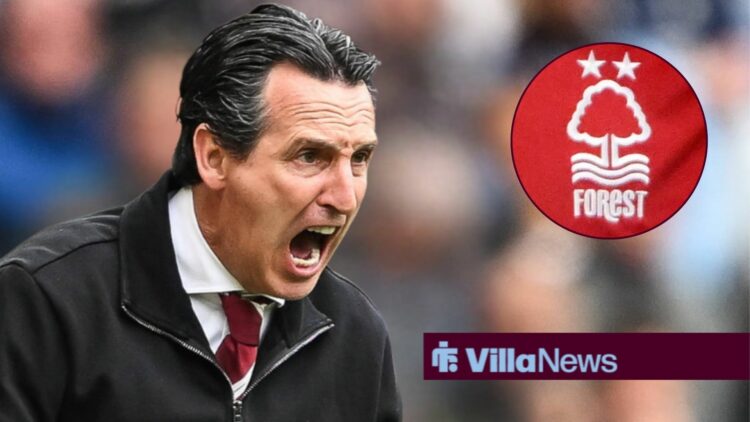 Unai Emery shouting and looking angry towards a circle inset of the Nottingham Forest badge