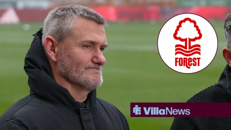 Andy Hinchcliffe speaking on Sky Sports looking towards the Nottingham Forest badge