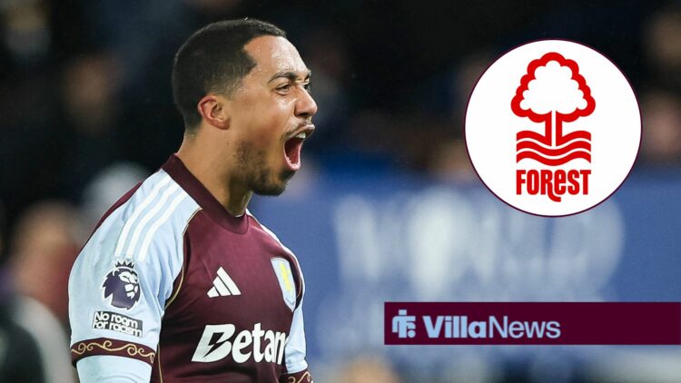 Youri Tielemans celebrating for Aston Villa looking towards a circle inset of the Nottingham Forest badge