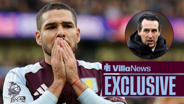 Emi Buendia looking disappointed while playing for Aston Villa towards a circle inset of Unai Emery