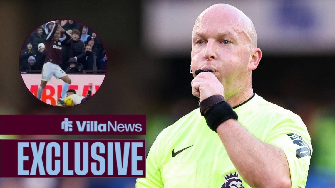 Simon Hooper looking towards a circle inset of Morgan Rogers appealing for a penalty against Neco Williams in Aston Villa vs Nottingham Forest