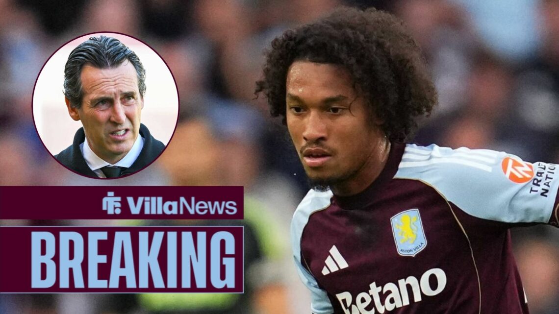 Boubacar Kamara playing for Aston Villa looking towards a circle inset of Unai Emery