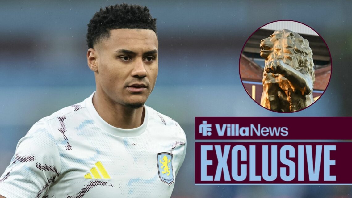 Ollie Watkins playing for Aston Villa looking towards a circle inset of Villa Park