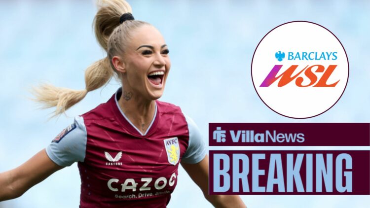 Alisha Lehmann celebrating playing for Aston Villa looking towards a circle inset of the WSL logo