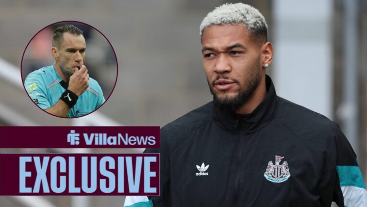 Joelinton in a Newcastle United jacket looking towards a circle inset of Jarred Gillett