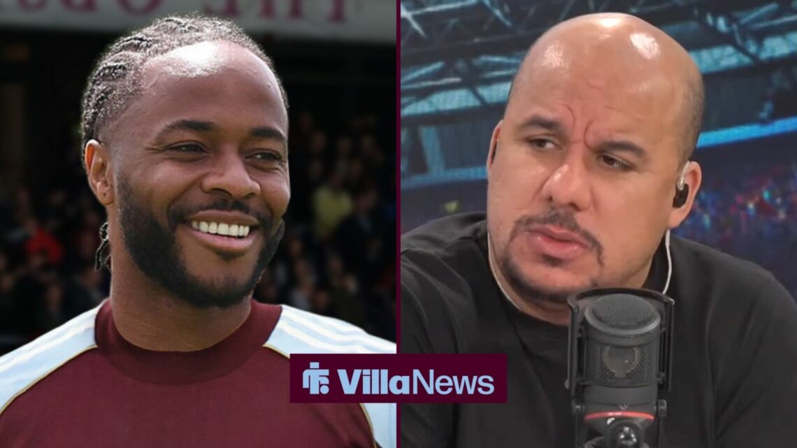 Raheem Sterling an an Aston Villa shirt looking towards Gabby Agbonlahor speaking on talkSPORT