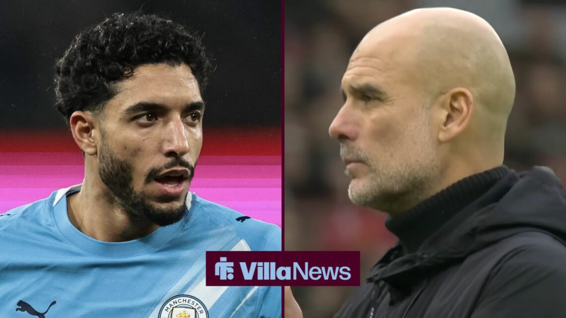 Omar Marmoush playing for Manchester City looking towards Pep Guardiola