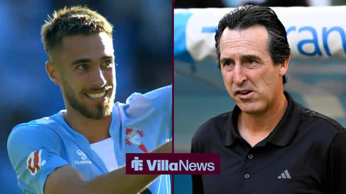 Oscar Mingueza in a side-by-side photo with Aston Villa boss Unai Emery