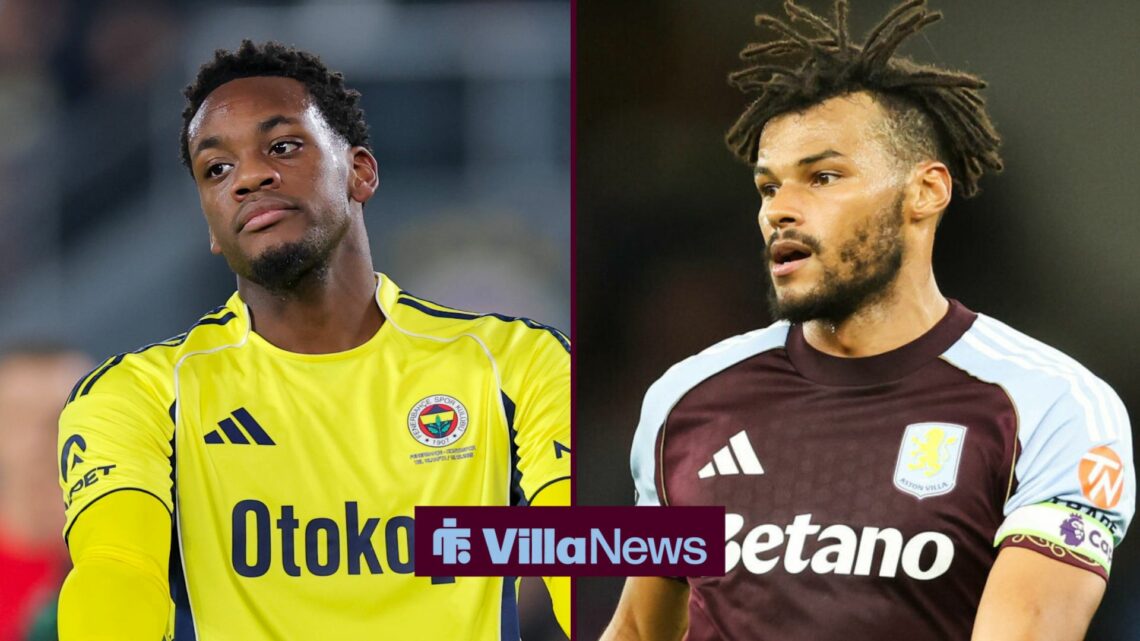 Jhon Duran and Tyrone Mings alongside each other.