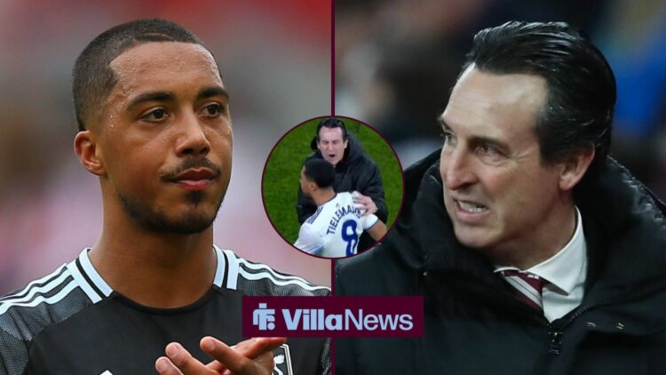 Unai Emery looking worried in the direction of Youri Tielemans with a photo in the middle of their spat.