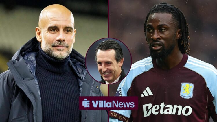 Pep Guardiola smiling in the direction of Evann Guessand and Unai Emery.