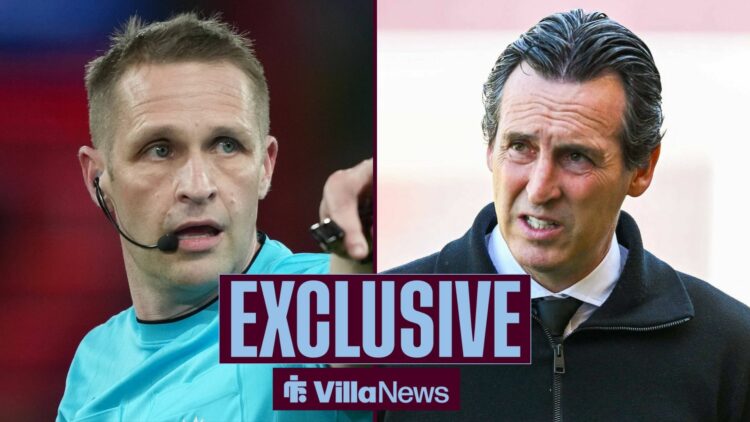 Referee Craig Pawson and Aston Villa boss Unai Emery.