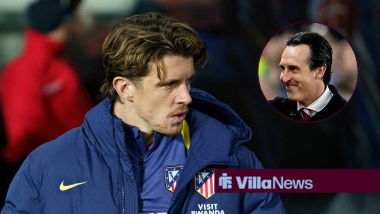 Conor Gallagher wearing an Atletico Madrid training jacket, with Unai Emery in a circular frame inset