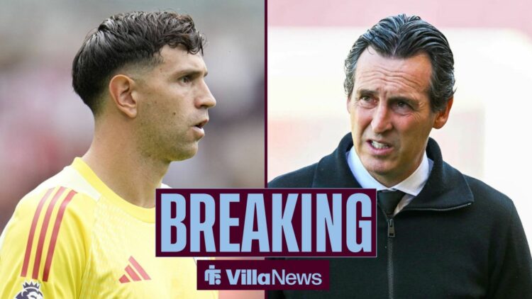 Unai Emery next to Emi Martinez in a split image