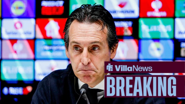 Aston Villa boss Unai Emery with breaking news banner