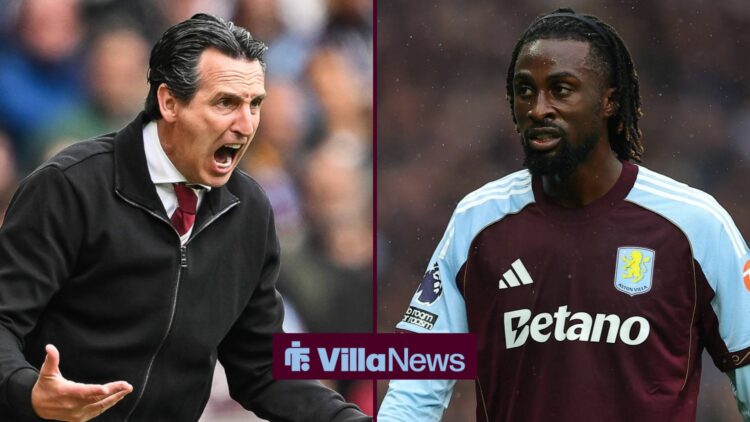 Aston Villa boss Unai Emery and Evann Guessand.