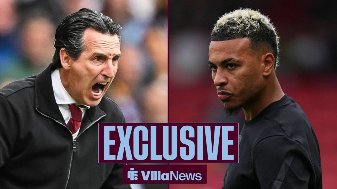 Aston Villa star Morgan Rogers and Unai Emery both looking angry.