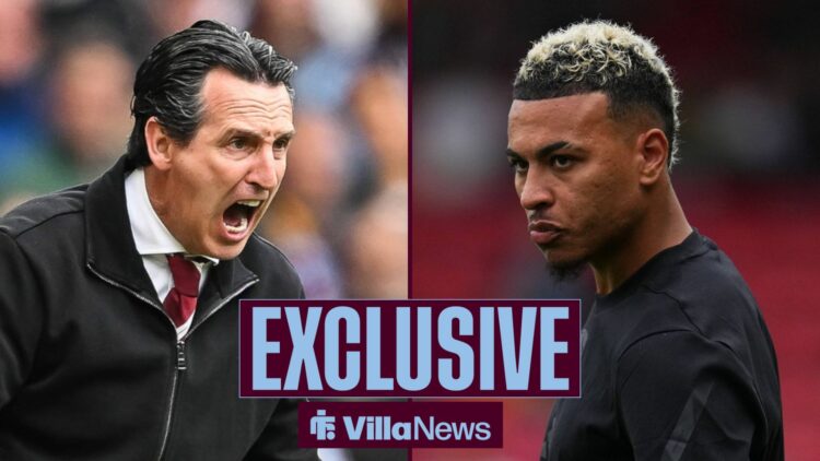 Aston Villa star Morgan Rogers and Unai Emery both looking angry.