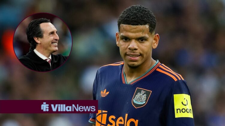 William Osula in action for Newcastle, Aston Villa boss Unai Emery in inset.