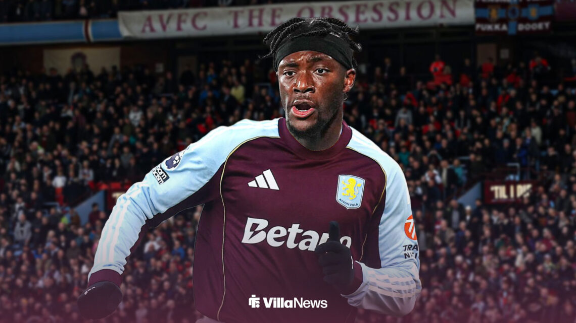 Tammy Abraham outside Villa Park in an Aston Villa shirt.