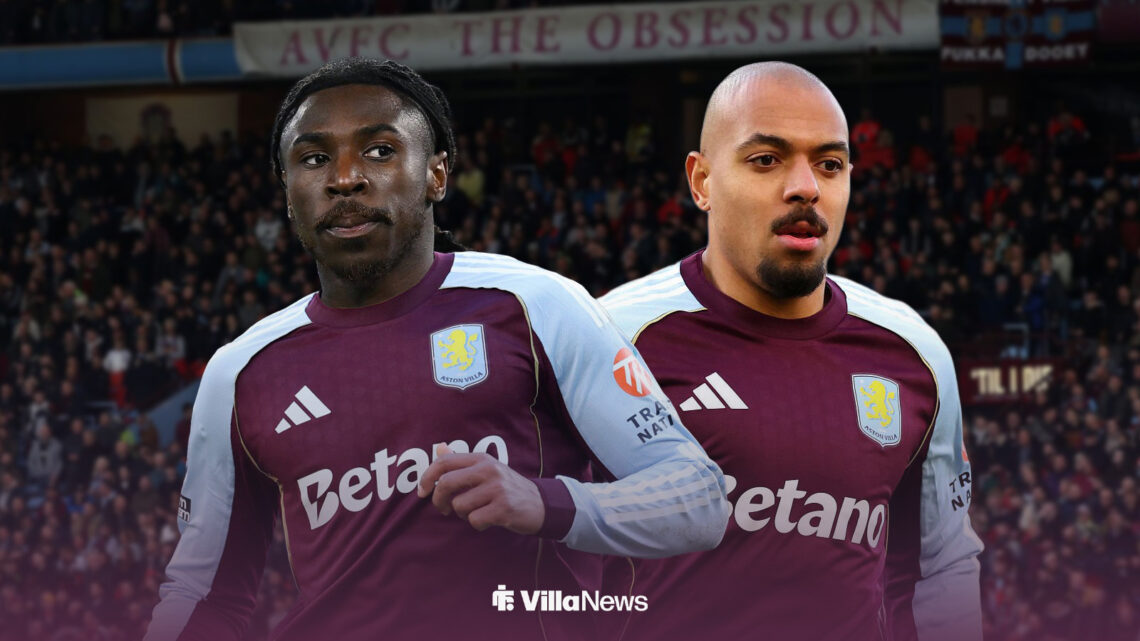 Moise Kean and Donyell Malen in Aston Villa shirts in front of Villa Park.