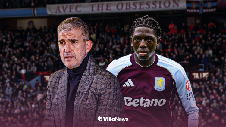 Roberto Olabe and Brian Madjo in an Aston Villa shirt. Both stood in front of Villa Park.