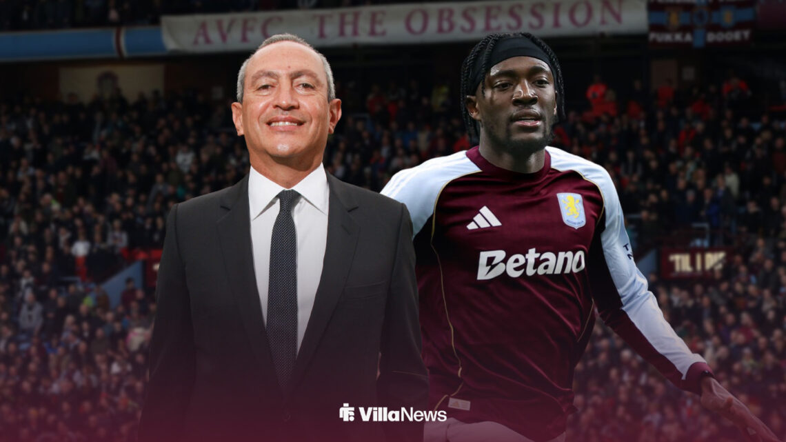 Nassef Sawiris stood with Tammy Abraham in an Aston Villa shirt next to him, outside Villa Park.