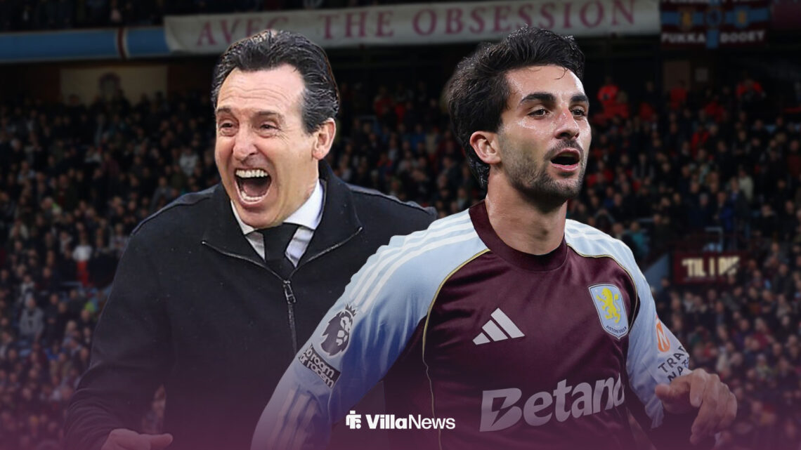 Unai Emery and Ferran Torres with Villa Park in the background.