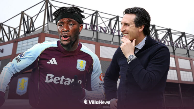 Tammy Abraham in an Aston Villa shirt with Unai Emery smiling at him outside Villa Park.