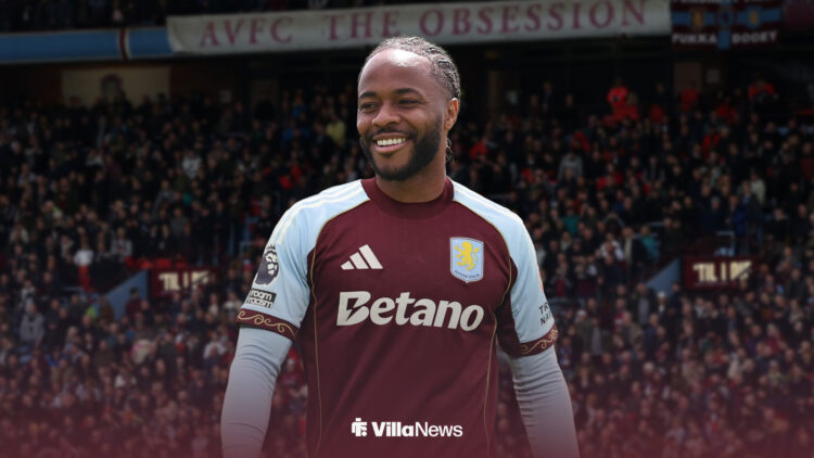 Raheem Sterling in an Aston Villa kit with Villa Park in the background.