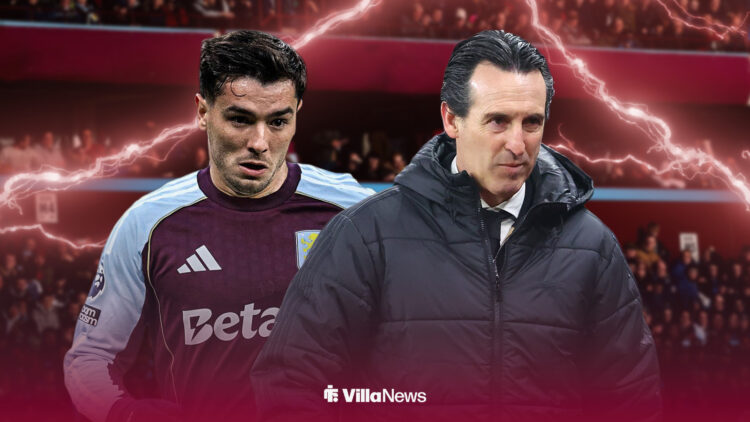 Brahim Diaz with Unai Emery next to him in front of Villa Park.