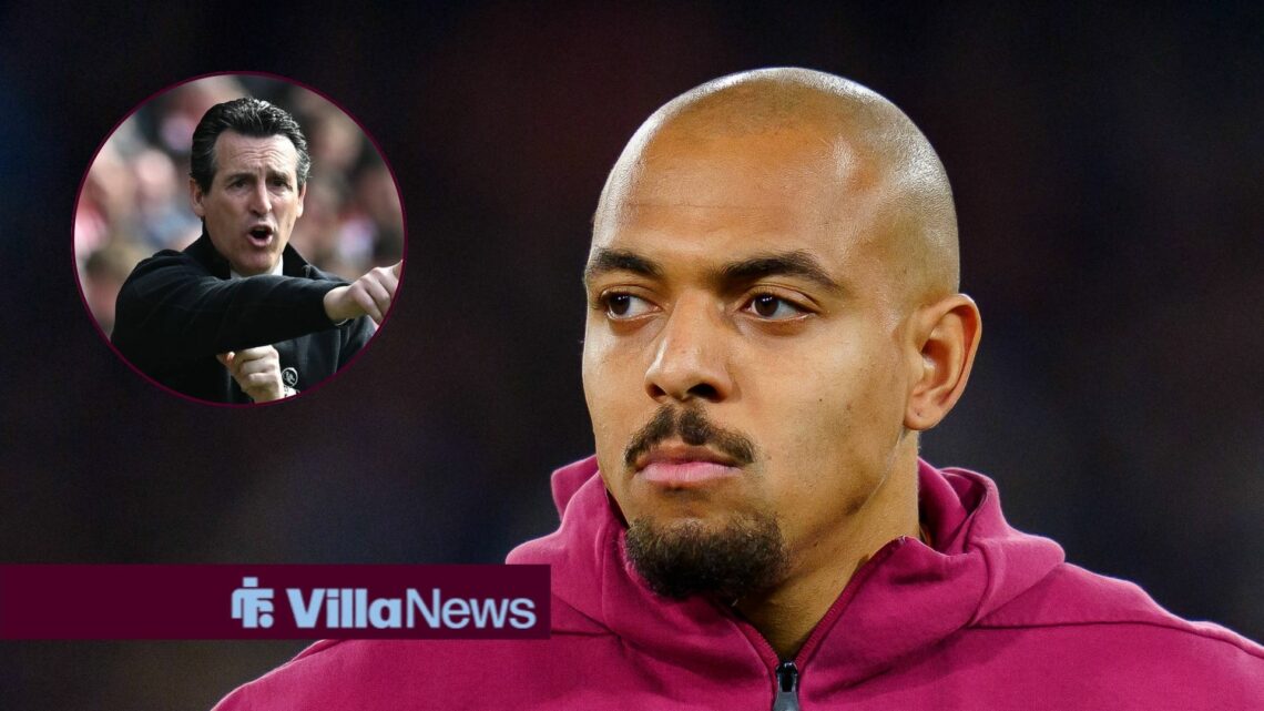 Unai Emery inset and Donyell Malen looks on